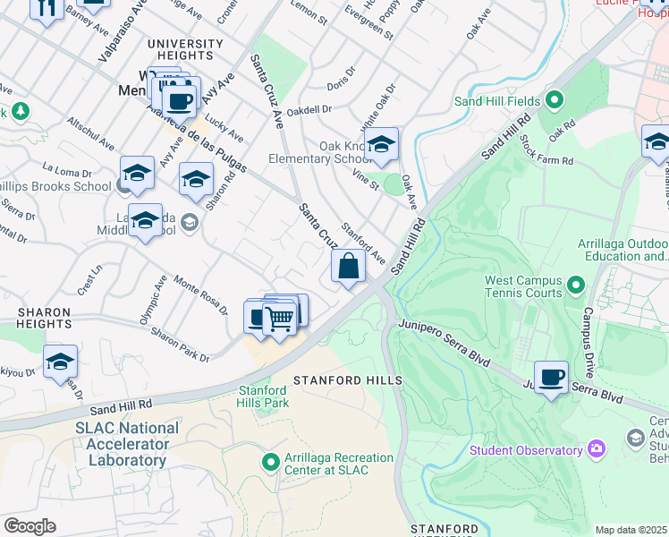 map of restaurants, bars, coffee shops, grocery stores, and more near 2140 Santa Cruz Avenue in Menlo Park