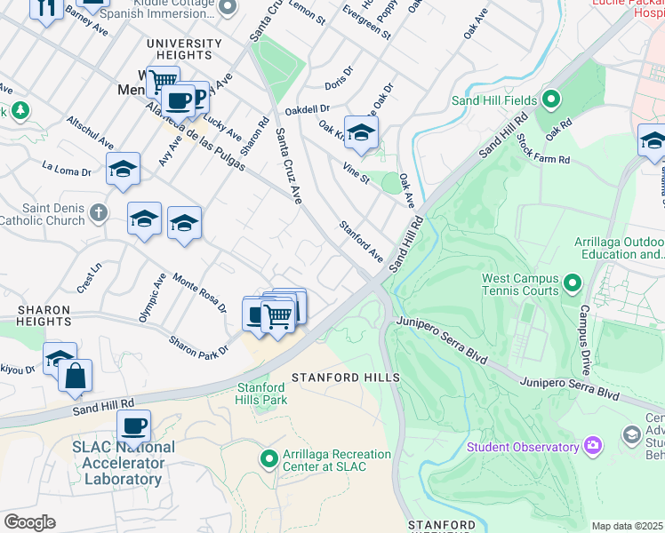 map of restaurants, bars, coffee shops, grocery stores, and more near 2140 Santa Cruz Avenue in Menlo Park