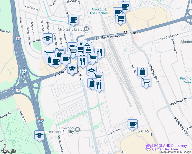 map of restaurants, bars, coffee shops, grocery stores, and more near 22 Sinnott Lane in Milpitas