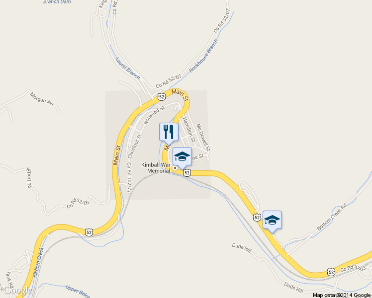 map of restaurants, bars, coffee shops, grocery stores, and more near Jefferson Street in Welch