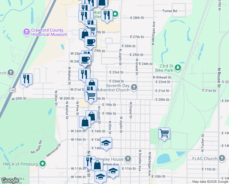 map of restaurants, bars, coffee shops, grocery stores, and more near 212 East 21st Street in Pittsburg