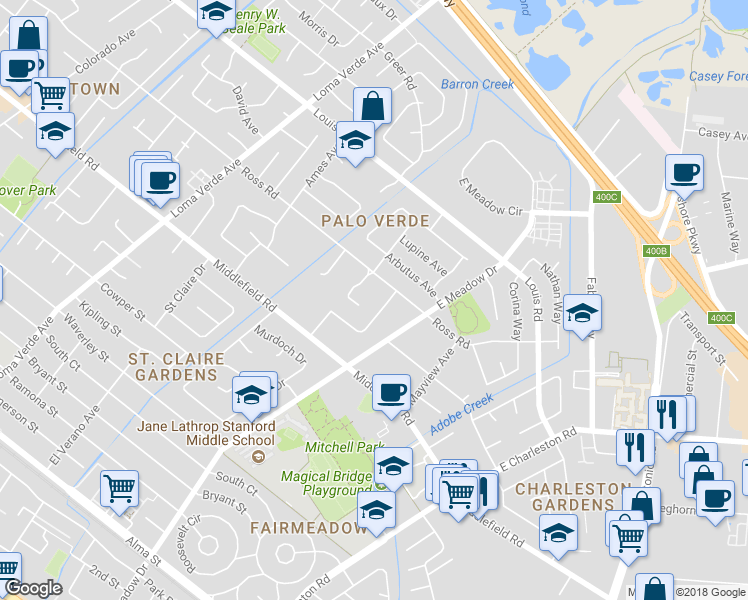 map of restaurants, bars, coffee shops, grocery stores, and more near 756 Talisman Court in Palo Alto