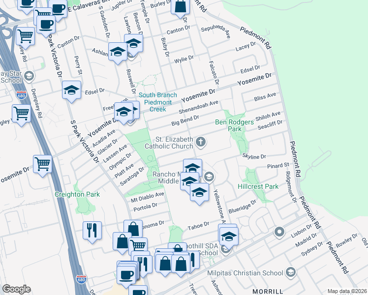 map of restaurants, bars, coffee shops, grocery stores, and more near 1759 Mount Rainier Avenue in Milpitas