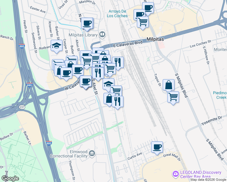 map of restaurants, bars, coffee shops, grocery stores, and more near 22 Sinnott Lane in Milpitas