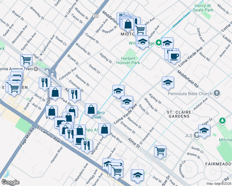 map of restaurants, bars, coffee shops, grocery stores, and more near 2928 Bryant Street in Palo Alto