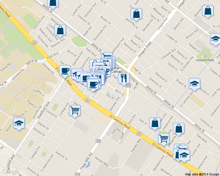 map of restaurants, bars, coffee shops, grocery stores, and more near 304 Grant Avenue in Palo Alto