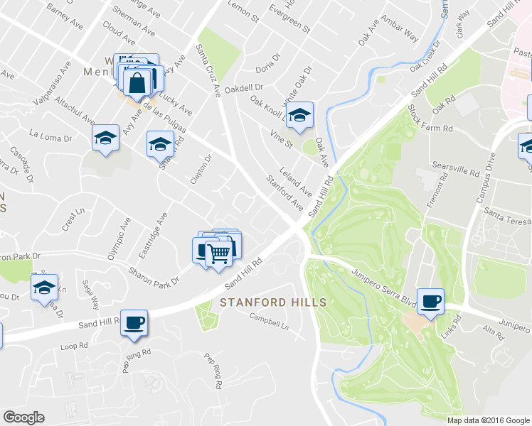 map of restaurants, bars, coffee shops, grocery stores, and more near 2140 Santa Cruz Avenue in Menlo Park