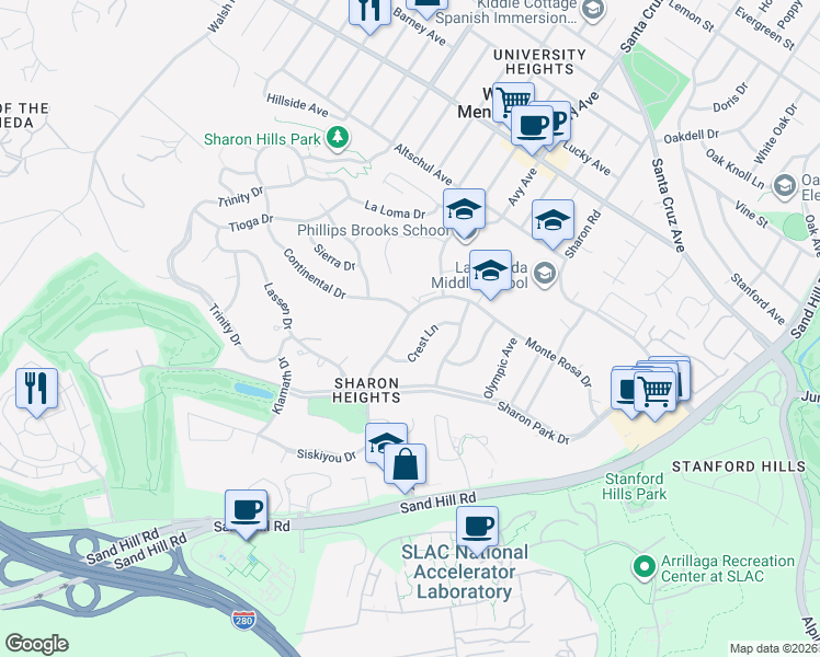 map of restaurants, bars, coffee shops, grocery stores, and more near 955 Monte Rosa Drive in Menlo Park