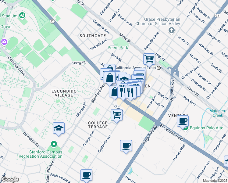 map of restaurants, bars, coffee shops, grocery stores, and more near 2180 California 82 in Palo Alto