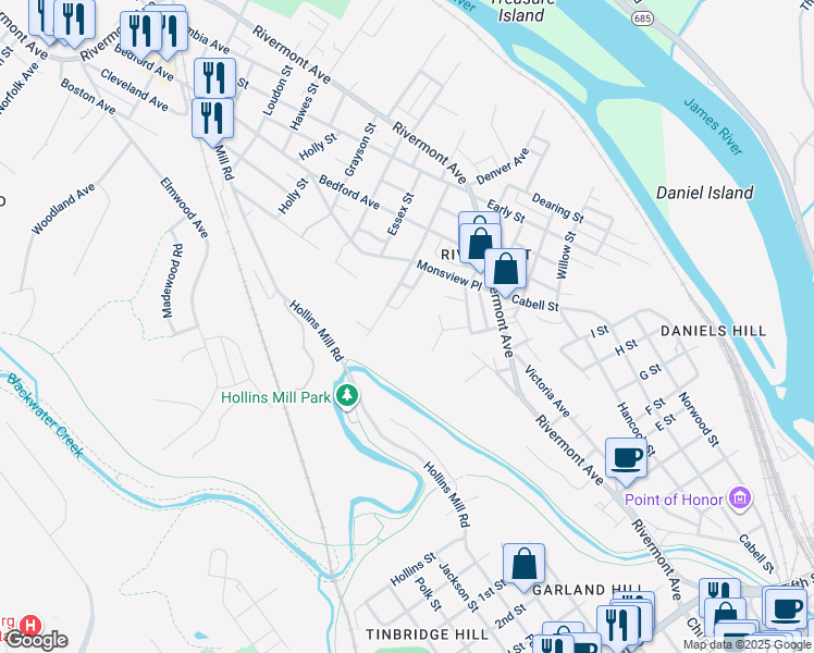map of restaurants, bars, coffee shops, grocery stores, and more near 811 Helbig Loop in Lynchburg