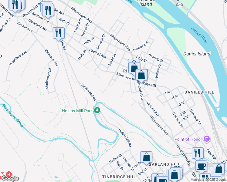 map of restaurants, bars, coffee shops, grocery stores, and more near 811 Helbig Loop in Lynchburg