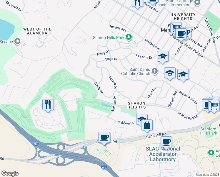 map of restaurants, bars, coffee shops, grocery stores, and more near 9 Carriage Court in Menlo Park
