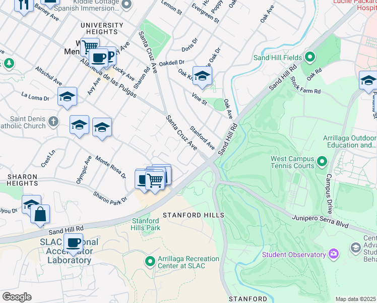 map of restaurants, bars, coffee shops, grocery stores, and more near 2140 Santa Cruz Avenue in Menlo Park