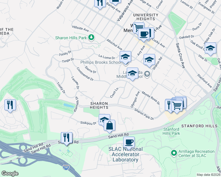 map of restaurants, bars, coffee shops, grocery stores, and more near 955 Monte Rosa Drive in Menlo Park