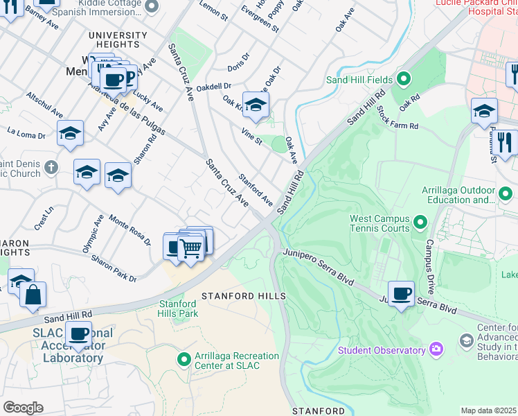 map of restaurants, bars, coffee shops, grocery stores, and more near 2179 Santa Cruz Avenue in Menlo Park