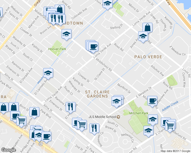 map of restaurants, bars, coffee shops, grocery stores, and more near 567 Saint Claire Drive in Palo Alto