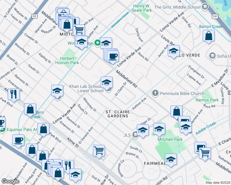 map of restaurants, bars, coffee shops, grocery stores, and more near 567 Saint Claire Drive in Palo Alto