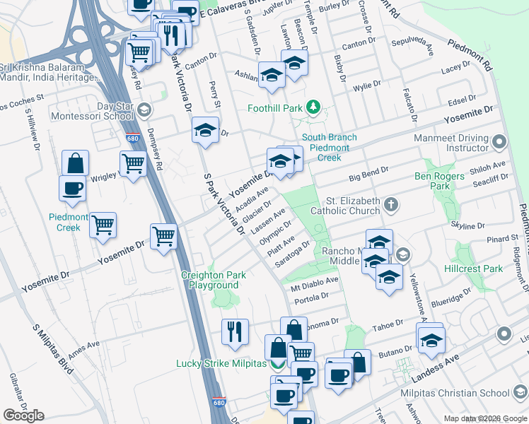map of restaurants, bars, coffee shops, grocery stores, and more near 1394 Glacier Drive in Milpitas