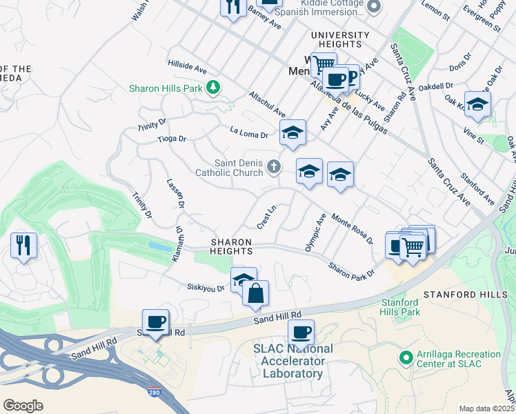 map of restaurants, bars, coffee shops, grocery stores, and more near 955 Monte Rosa Drive in Menlo Park