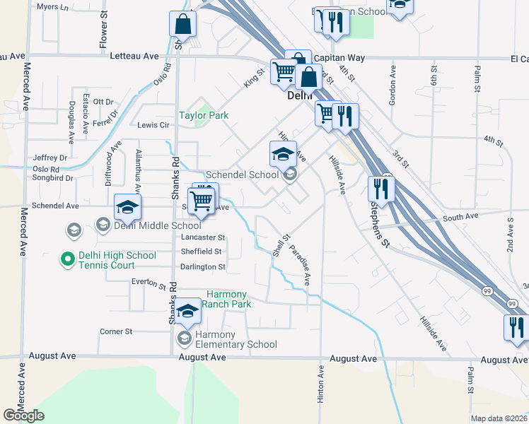 map of restaurants, bars, coffee shops, grocery stores, and more near 9474 Paradise Avenue in Delhi