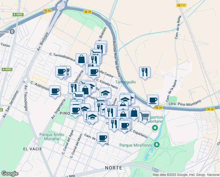 map of restaurants, bars, coffee shops, grocery stores, and more near 4 Calle Estrella Altair in Sevilla