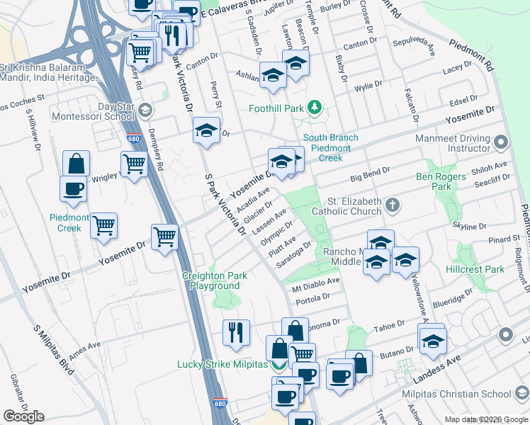 map of restaurants, bars, coffee shops, grocery stores, and more near 1394 Glacier Drive in Milpitas