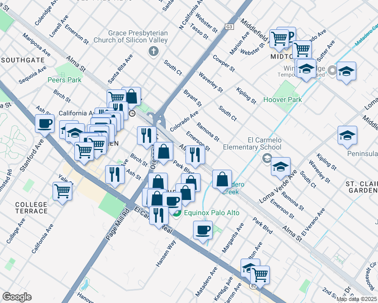 map of restaurants, bars, coffee shops, grocery stores, and more near 2711 Alma Street in Palo Alto