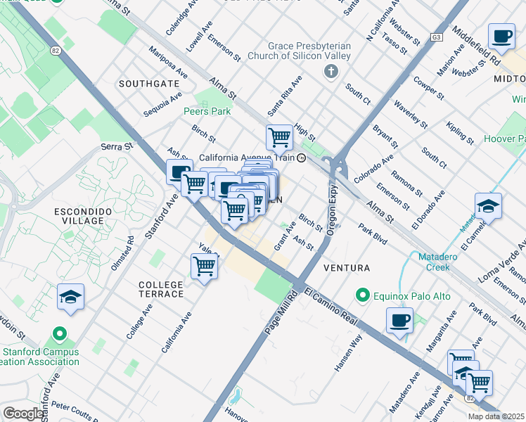 map of restaurants, bars, coffee shops, grocery stores, and more near 414 California Avenue in Palo Alto