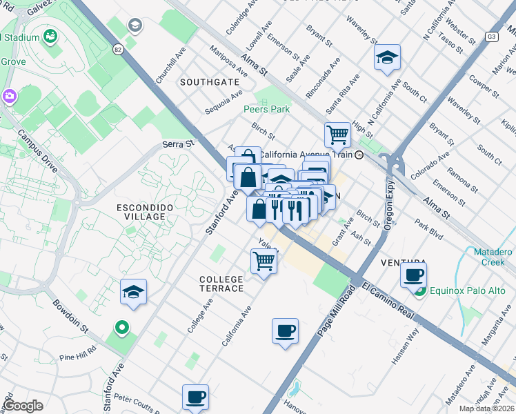 map of restaurants, bars, coffee shops, grocery stores, and more near 2180 El Camino Real in Palo Alto