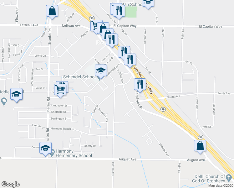 map of restaurants, bars, coffee shops, grocery stores, and more near 9476 Hinton Avenue in Delhi