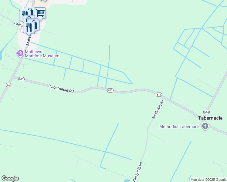 map of restaurants, bars, coffee shops, grocery stores, and more near Tabernacle Road in Mathews