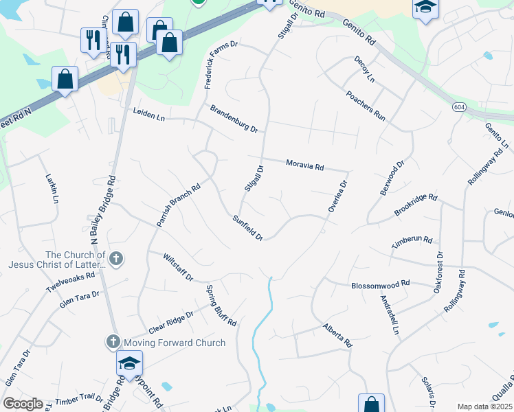 map of restaurants, bars, coffee shops, grocery stores, and more near 11330 Stigall Court in Midlothian