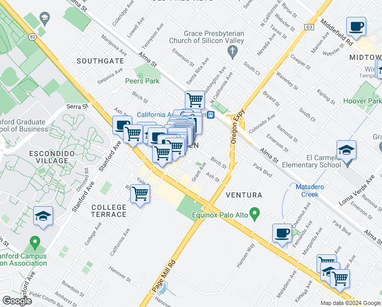 map of restaurants, bars, coffee shops, grocery stores, and more near 358 Sherman Avenue in Palo Alto
