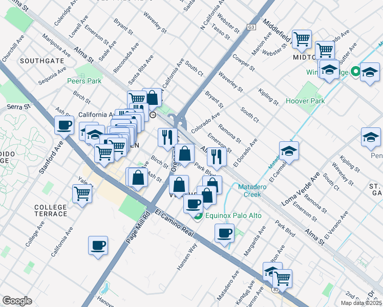map of restaurants, bars, coffee shops, grocery stores, and more near 195 Page Mill Road in Palo Alto