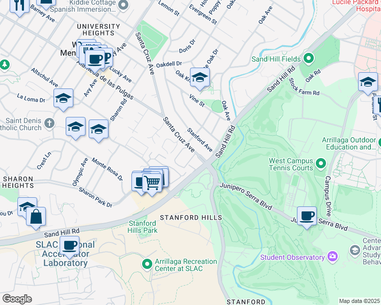 map of restaurants, bars, coffee shops, grocery stores, and more near 2140 Santa Cruz Avenue in Menlo Park