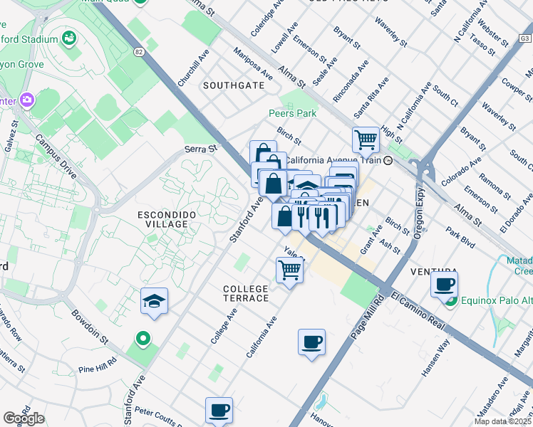 map of restaurants, bars, coffee shops, grocery stores, and more near 555 Stanford Avenue in Palo Alto