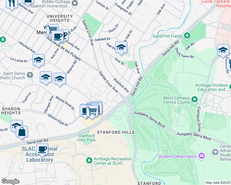 map of restaurants, bars, coffee shops, grocery stores, and more near 2140 Santa Cruz Avenue in Menlo Park