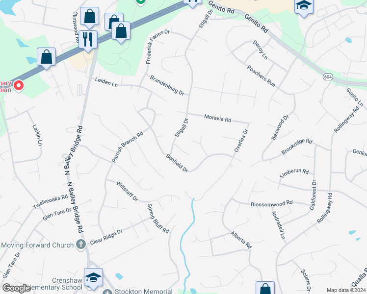 map of restaurants, bars, coffee shops, grocery stores, and more near 11330 Stigall Court in Midlothian