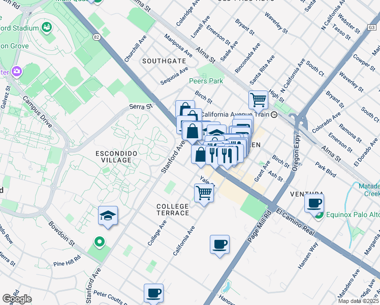 map of restaurants, bars, coffee shops, grocery stores, and more near 546 Oxford Avenue in Palo Alto