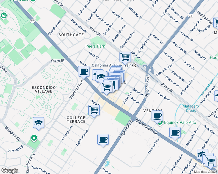 map of restaurants, bars, coffee shops, grocery stores, and more near 414 California Avenue in Palo Alto