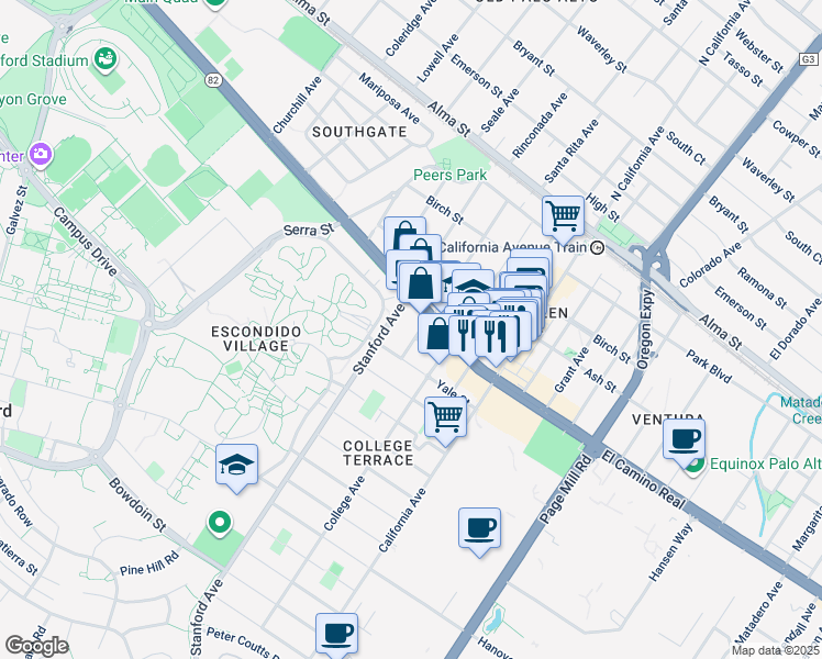 map of restaurants, bars, coffee shops, grocery stores, and more near 555 Stanford Avenue in Palo Alto