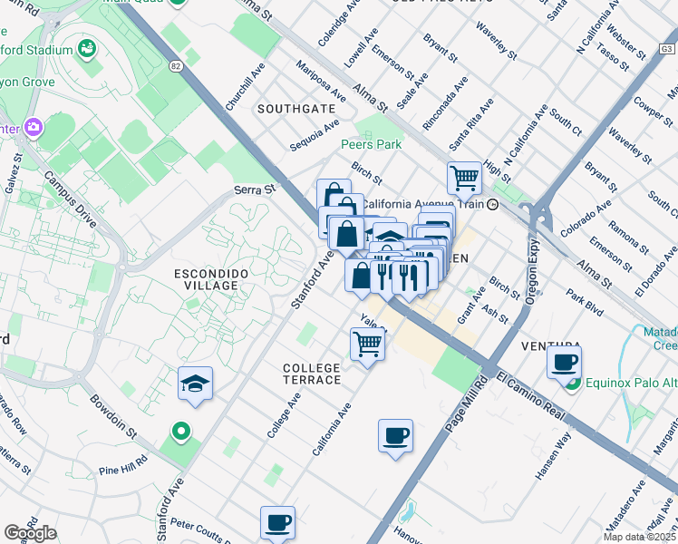 map of restaurants, bars, coffee shops, grocery stores, and more near 546 Oxford Avenue in Palo Alto