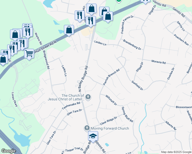 map of restaurants, bars, coffee shops, grocery stores, and more near 11633 Parrish Branch Circle in Midlothian
