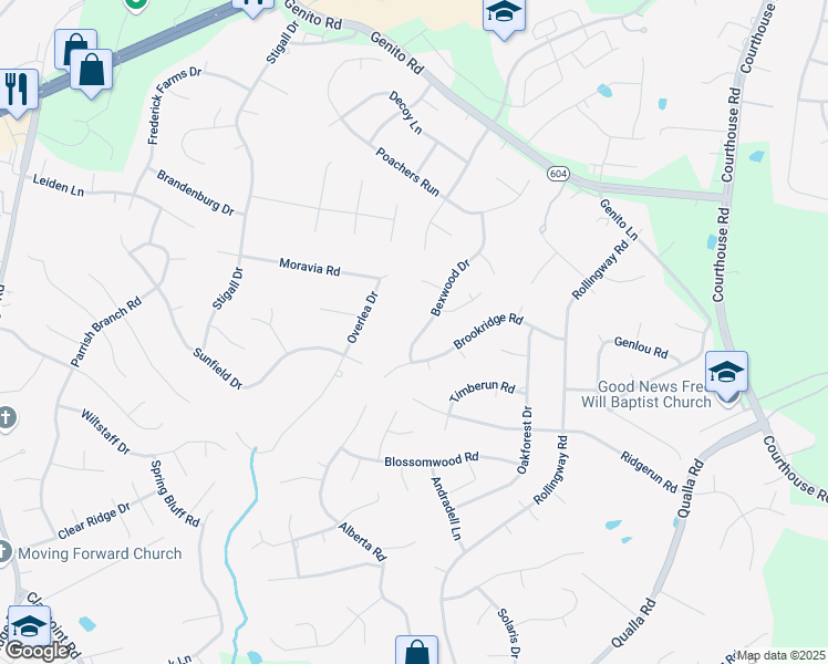 map of restaurants, bars, coffee shops, grocery stores, and more near 4718 Bexwood Drive in Chesterfield