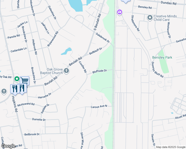 map of restaurants, bars, coffee shops, grocery stores, and more near 3511 Bluffside Drive in Richmond