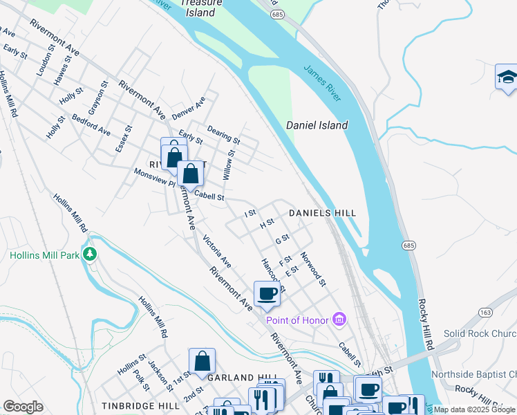 map of restaurants, bars, coffee shops, grocery stores, and more near 900 Cabell Street in Lynchburg
