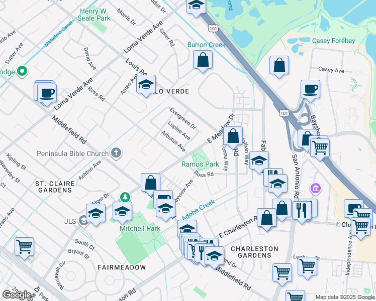 map of restaurants, bars, coffee shops, grocery stores, and more near 821 East Meadow Drive in Palo Alto