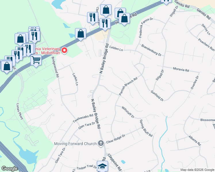 map of restaurants, bars, coffee shops, grocery stores, and more near 11633 Parrish Branch Circle in Midlothian