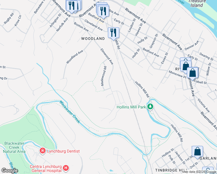 map of restaurants, bars, coffee shops, grocery stores, and more near 559 Elmwood Avenue in Lynchburg