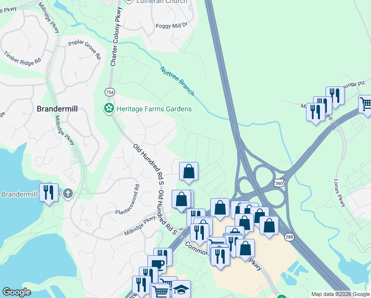 map of restaurants, bars, coffee shops, grocery stores, and more near 4561 Lifestyle Lane in Midlothian